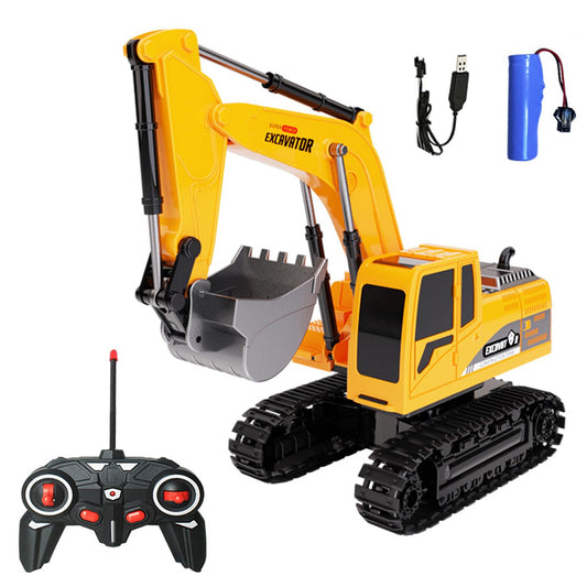 Ruutcasy remote control excavator front view highlights durable ABS construction for kids