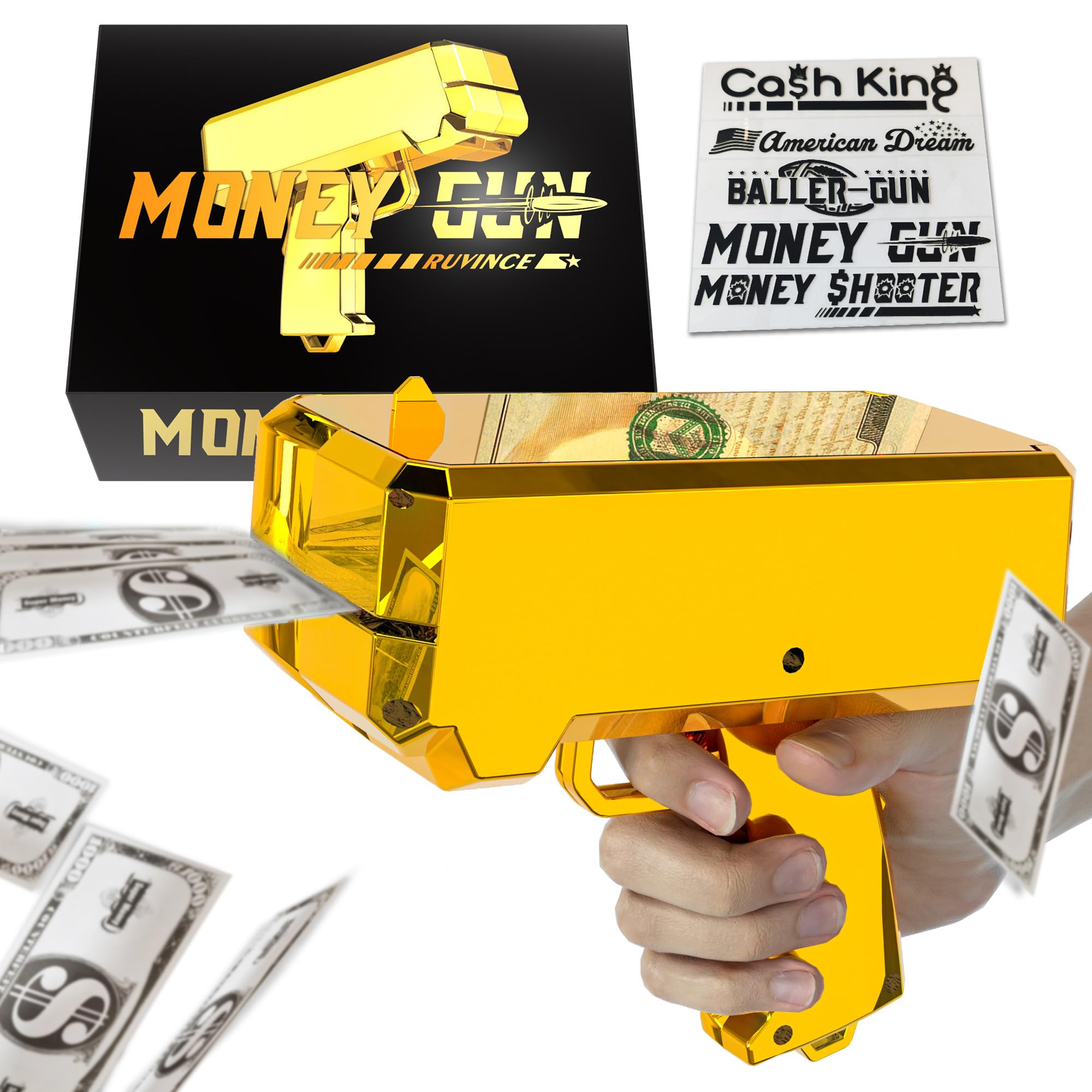 RUVINCE Money Gun with gold body for cinematic rain effects at parties.