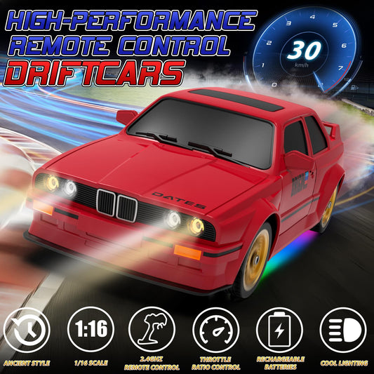 Ruxrcni remote-control drift car with LED headlights for night racing fun.