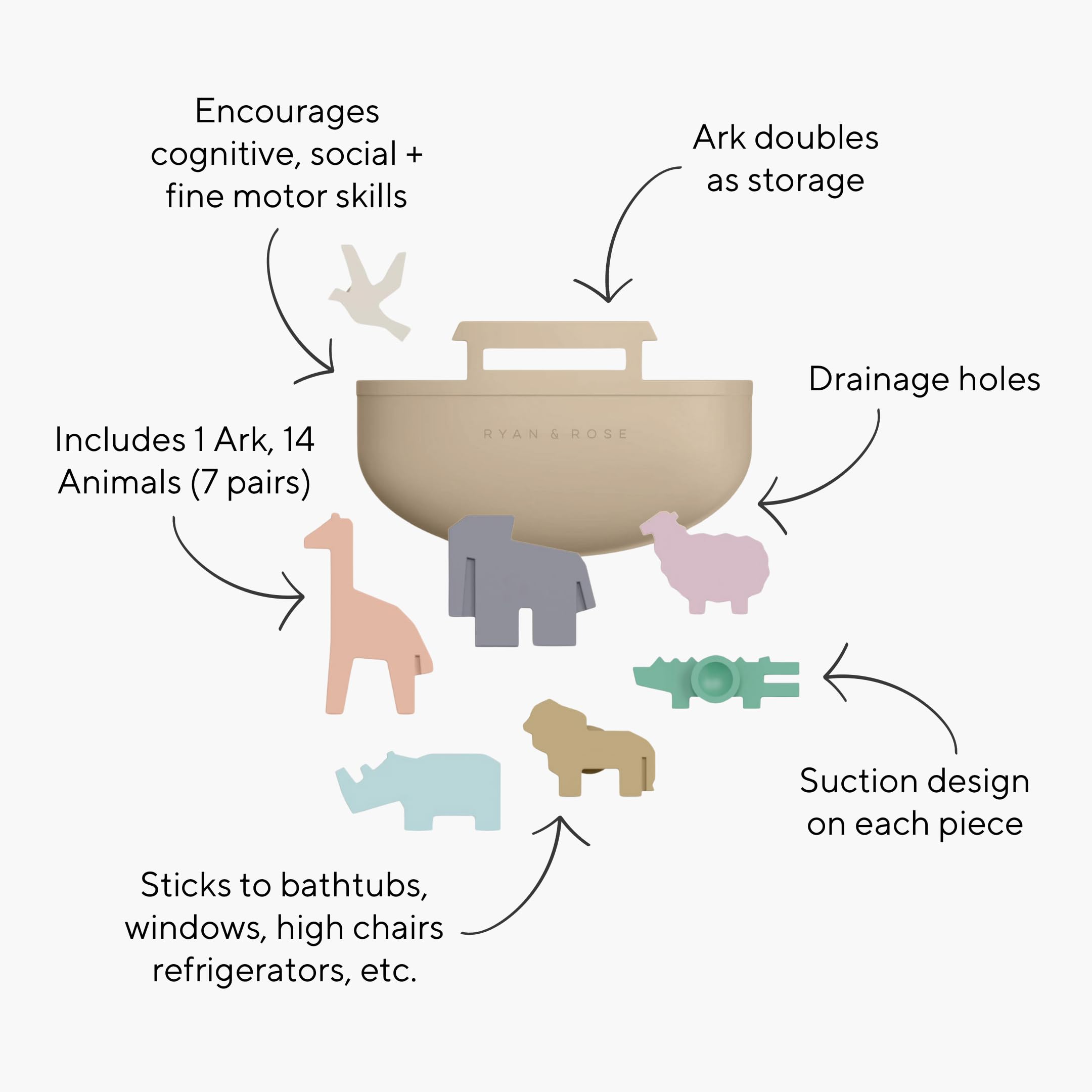 Ryan & Rose Noah's Ark animals arranged to support cognitive play.