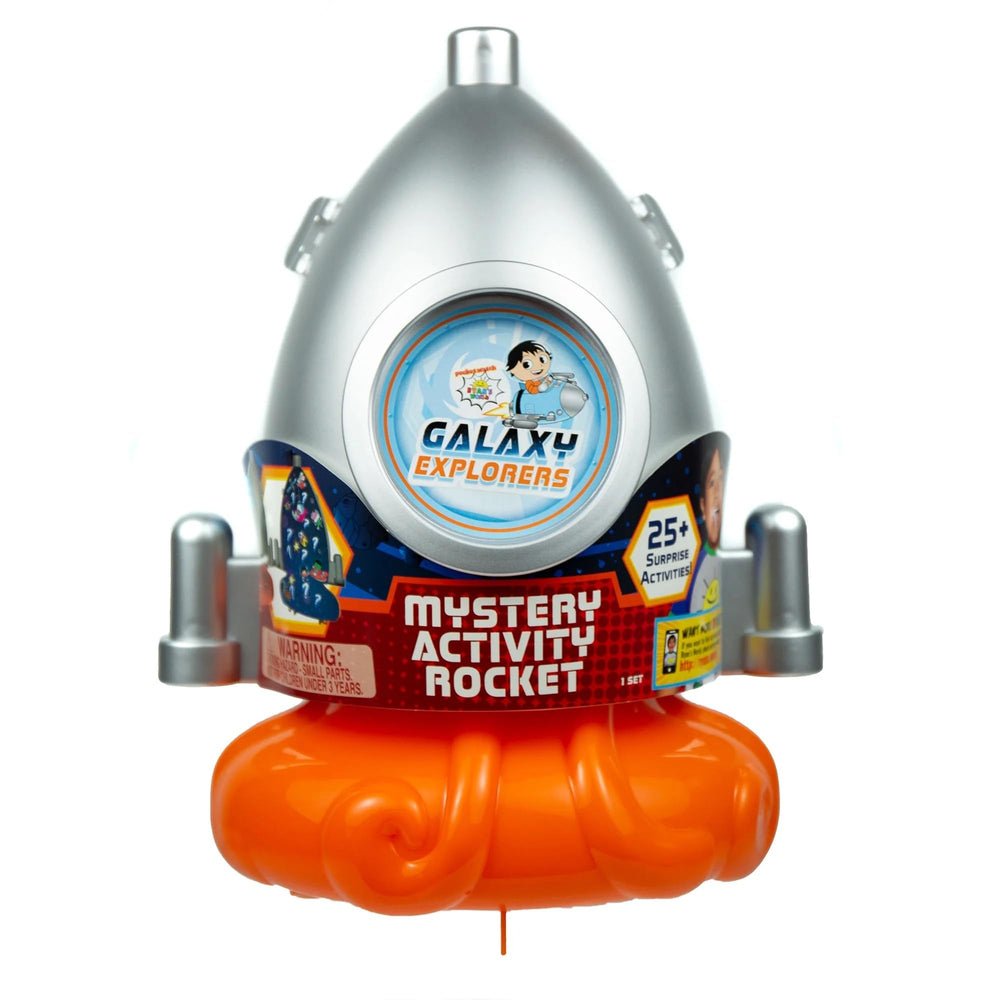 Ryan's World space rocket kit assembly shows 3D space crew figures for imaginative play