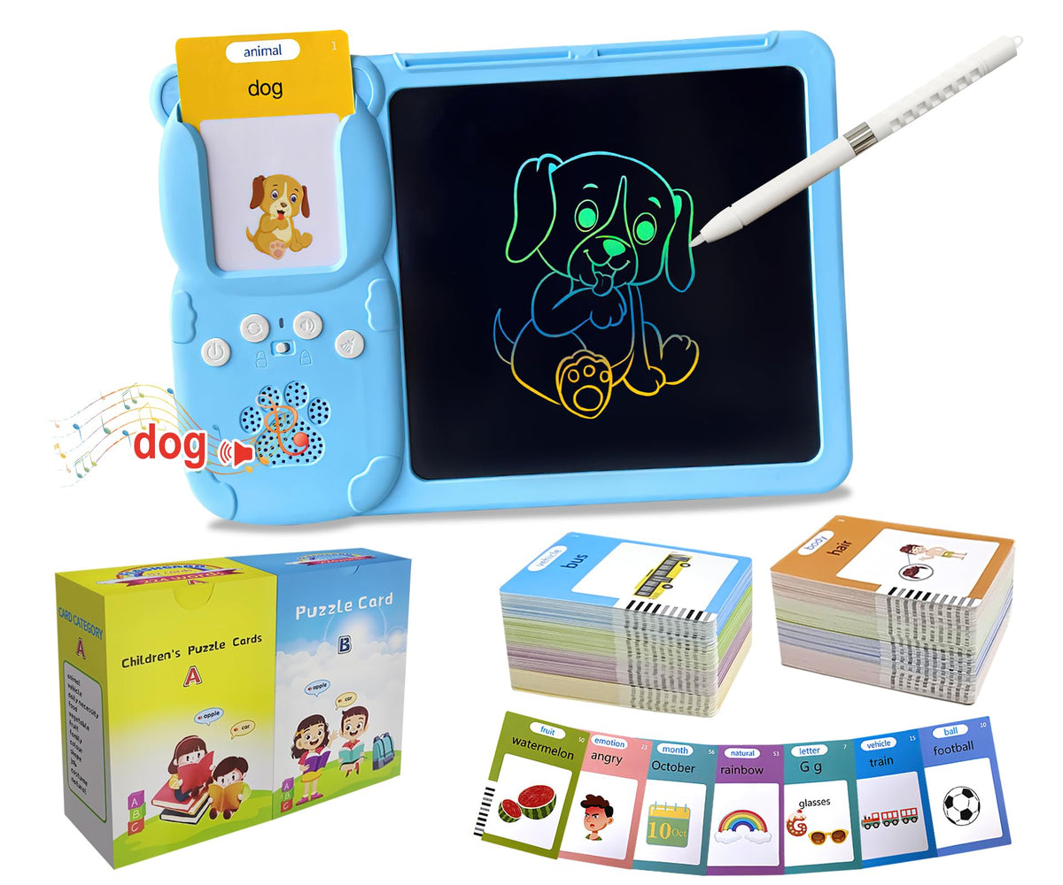 Rylai Toddler Talking Flash Cards showing interactive words and drawings for early literacy