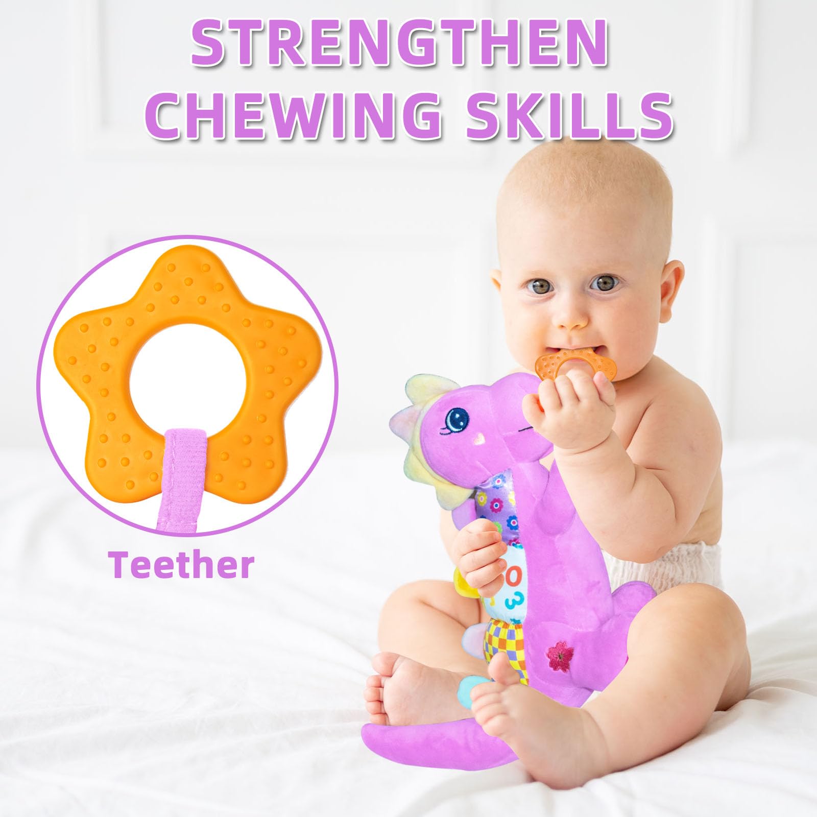 Ryotagift baby dino chest teether provides safe soothing chew.