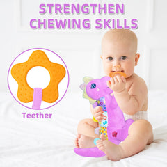 Ryotagift baby dino chest teether provides safe soothing chew.