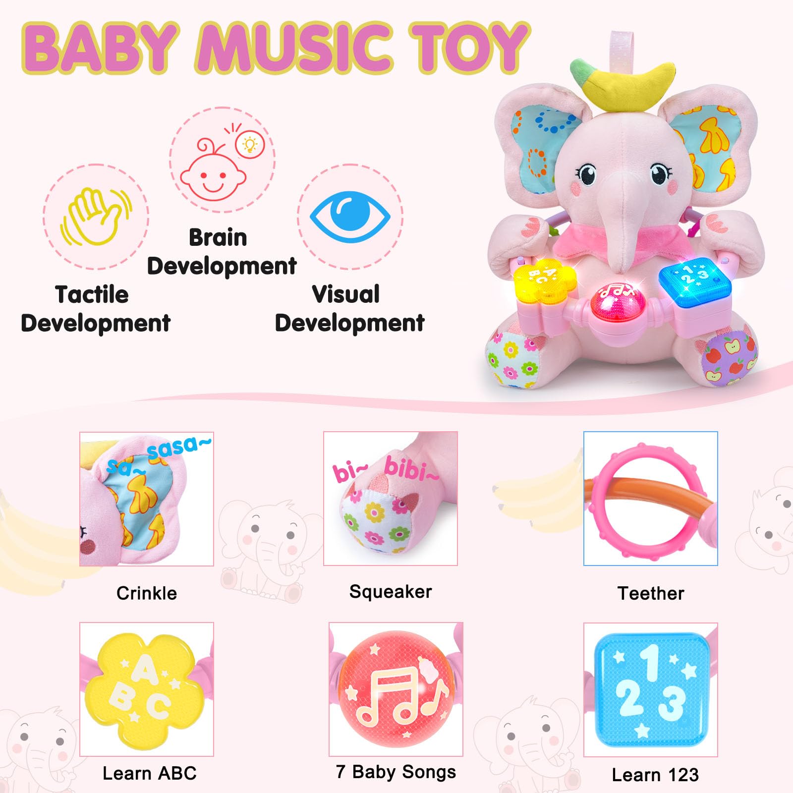 Ryotagift baby elephant toy pink with numbers and lights to boost early learning.