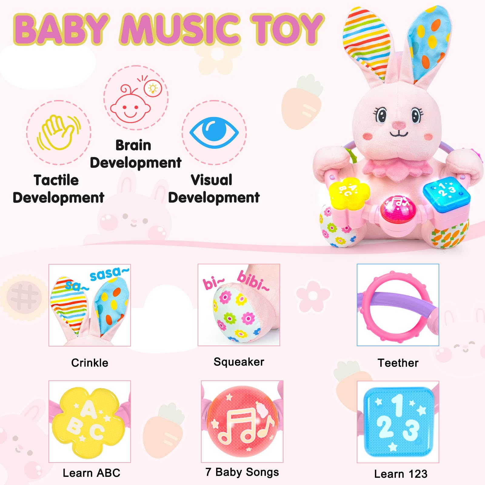 Ryotagift bunny with crinkle and squeaker supports tactile play and sound awareness.