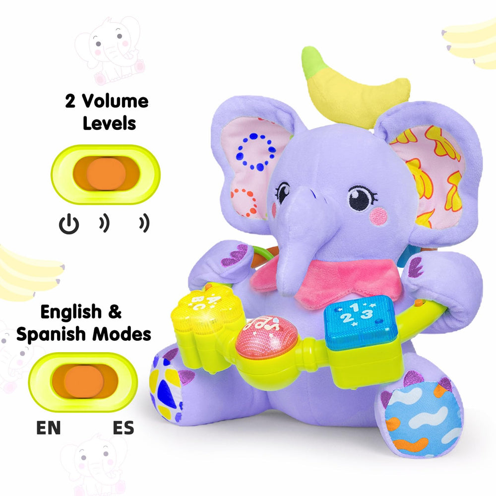 Ryotagift elephant toy bilingual mode supports English and Spanish exposure.