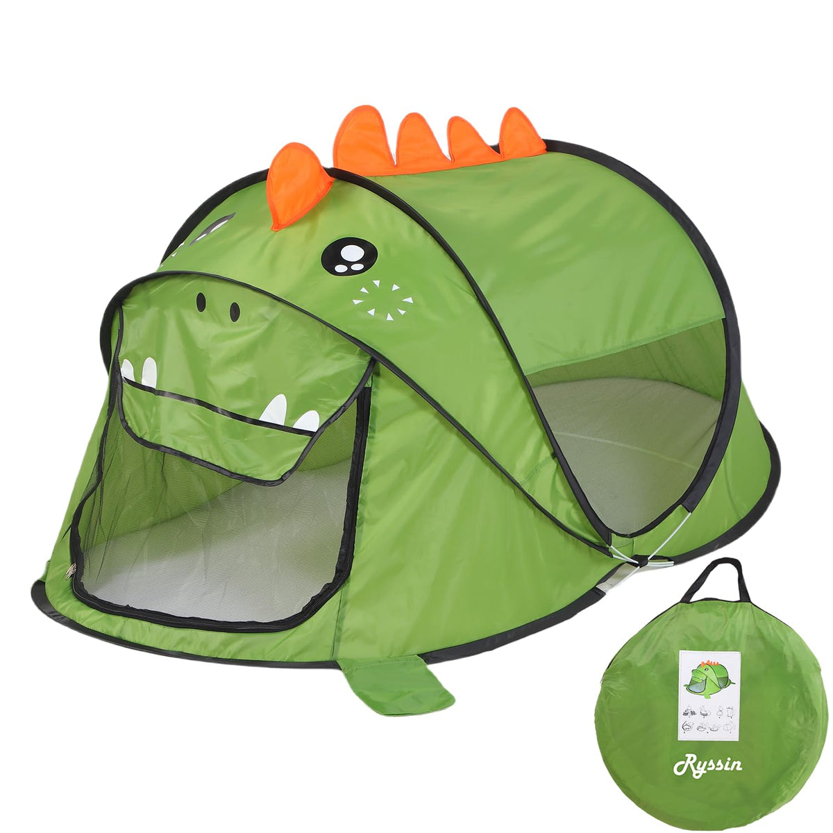 Ryssin green dinosaur pop-up tent front view for indoor imaginative play.