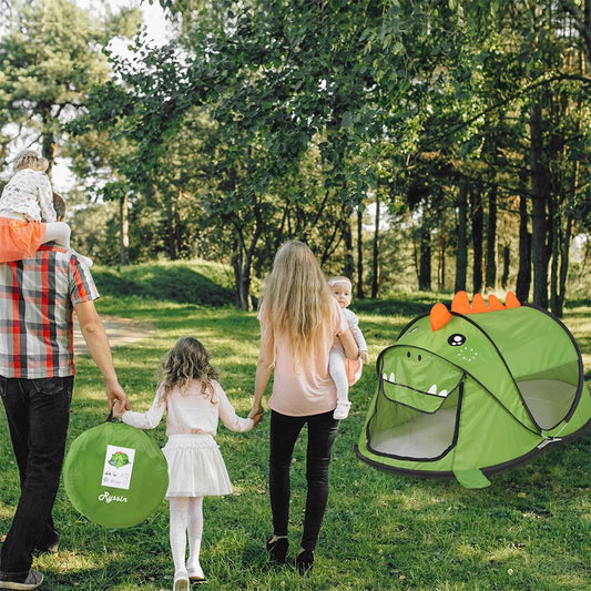 Ryssin green dinosaur pop-up tent with door open for easy access.