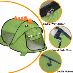 Ryssin green dinosaur tent outdoors for picnics and park adventures.