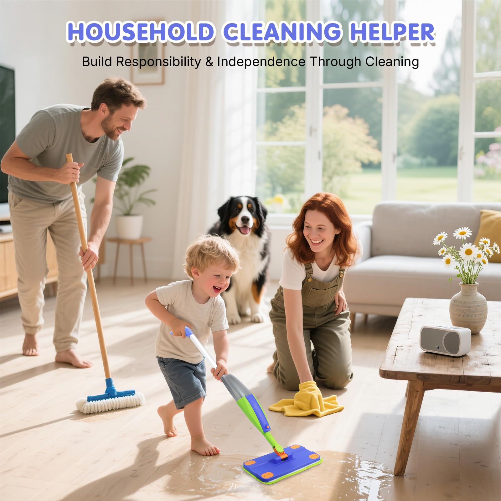 Child playing with Ryxixne mop set to boost coordination and role play