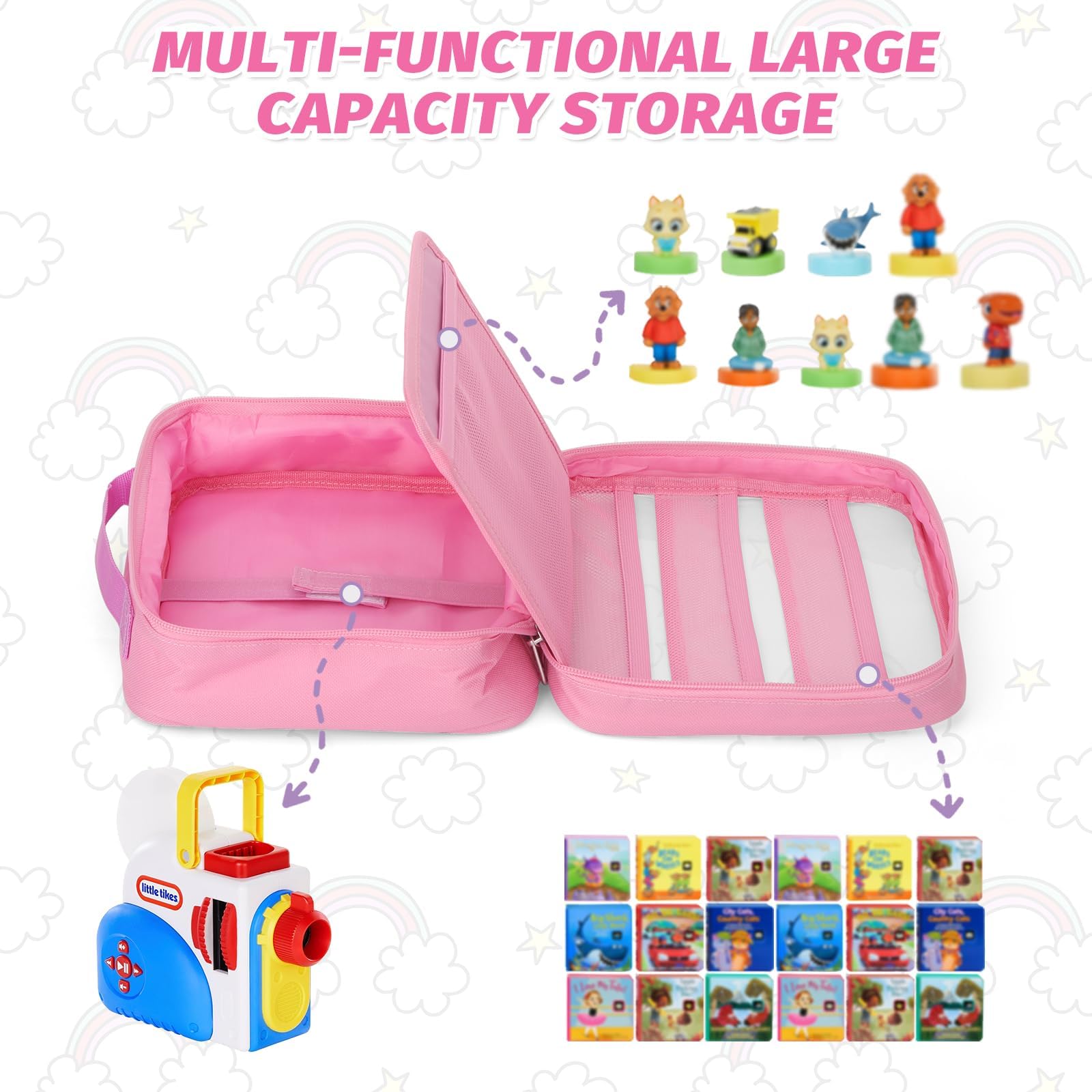 RZYLKA carrying case interior mesh pockets organize books and figures