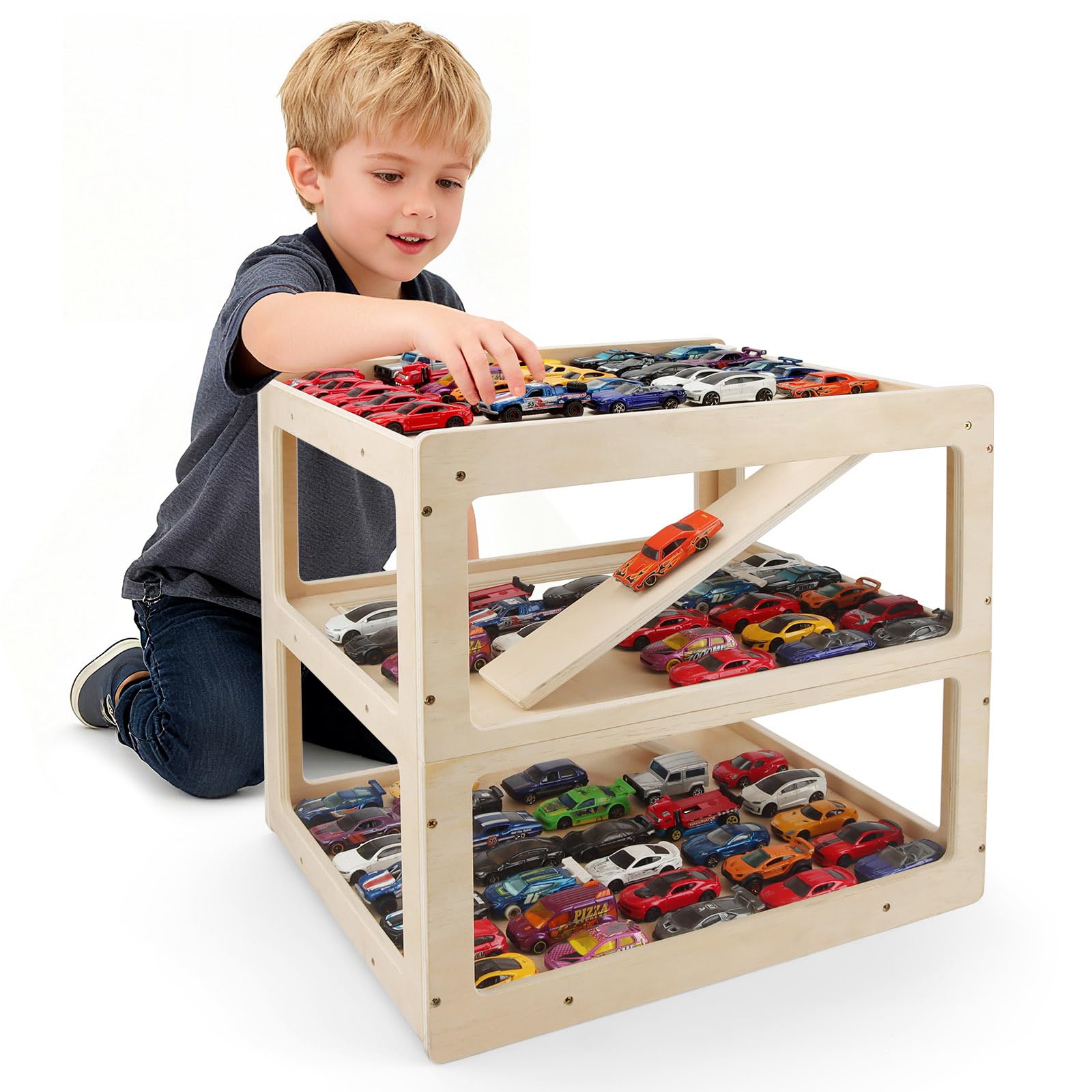 RZYLKA display case for Hot Wheels garage, front view, keeps cars organized and accessible.