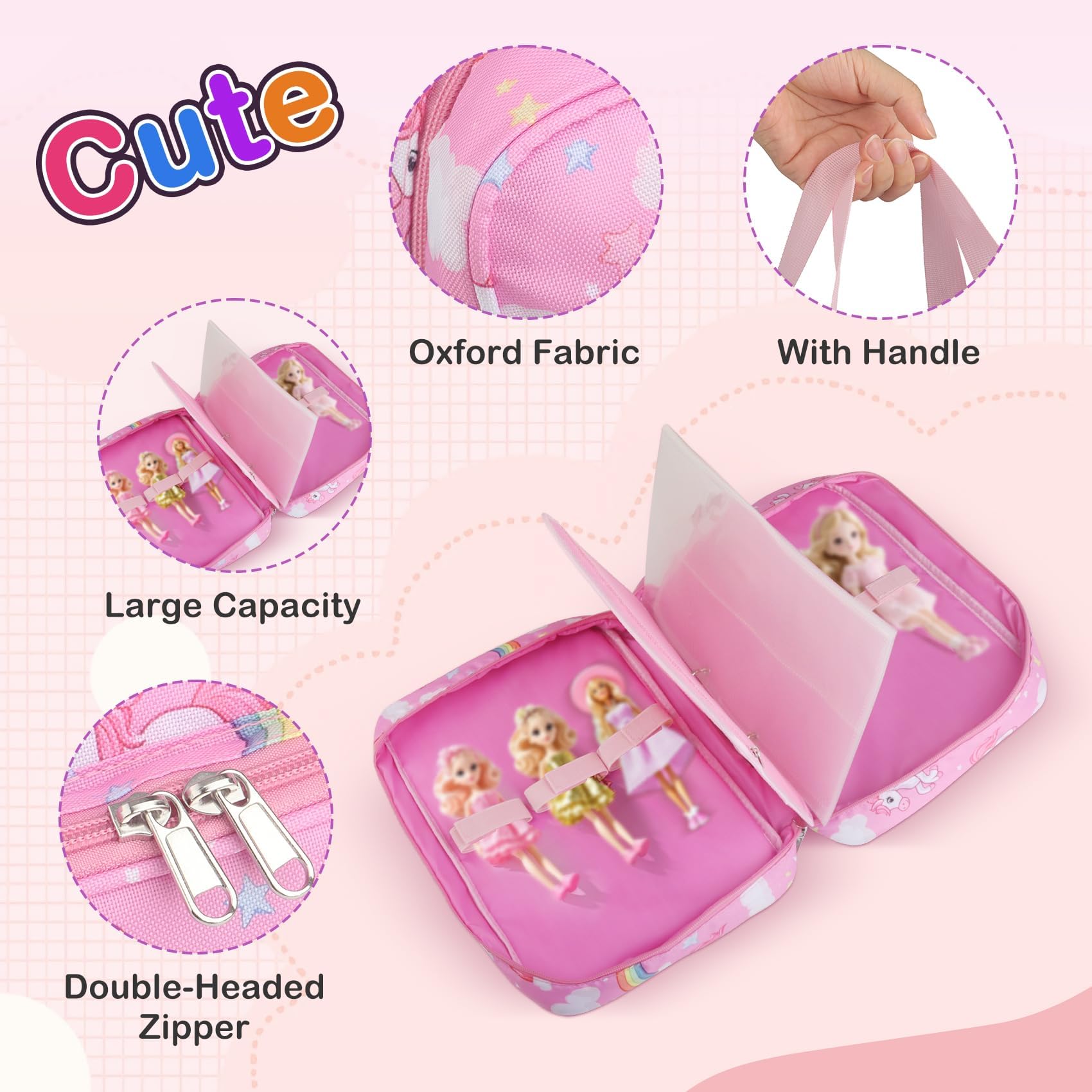 RZYLKA interior fits six dolls with pockets for tiny accessories.