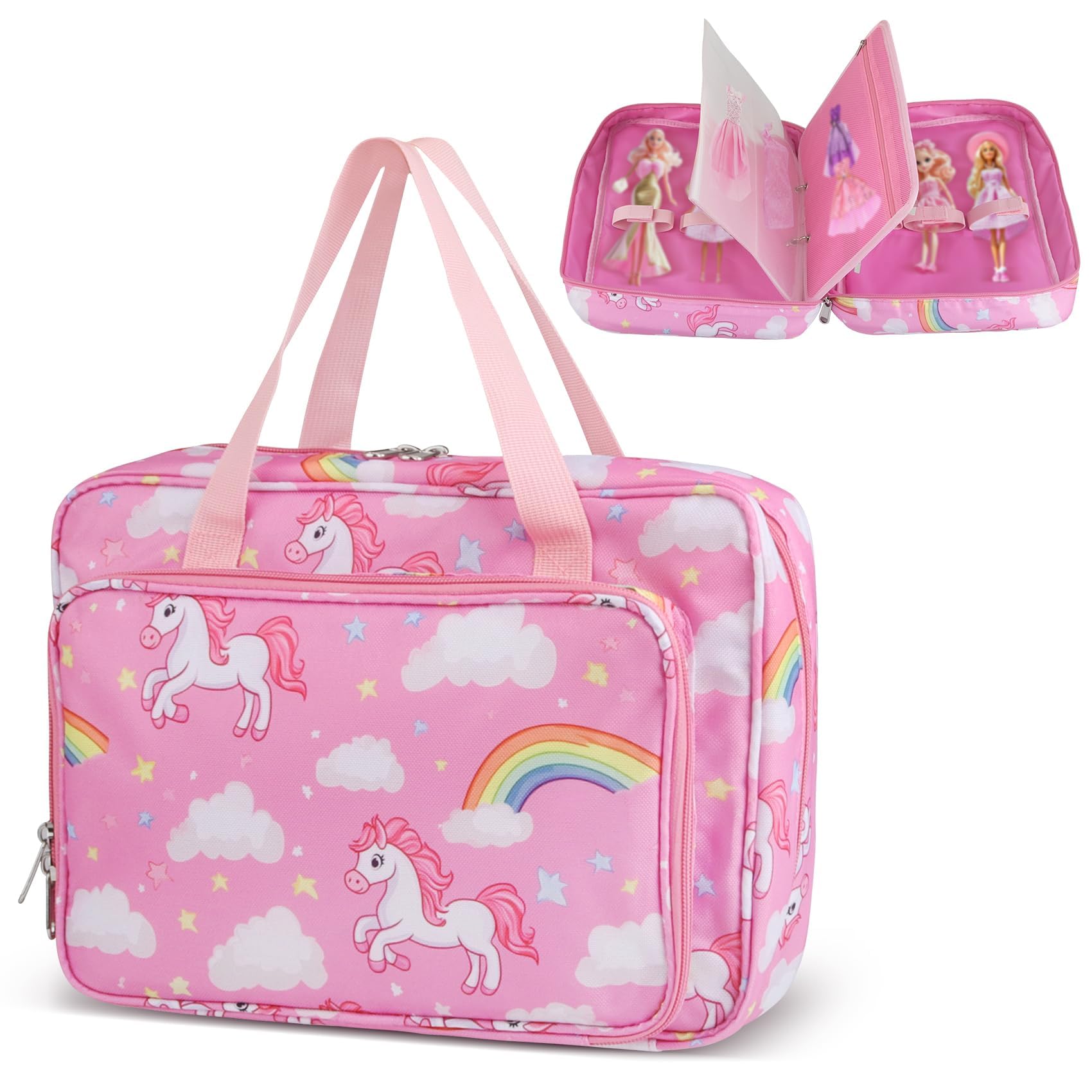 RZYLKA doll carrying case in pink front view for easy on-the-go organization.