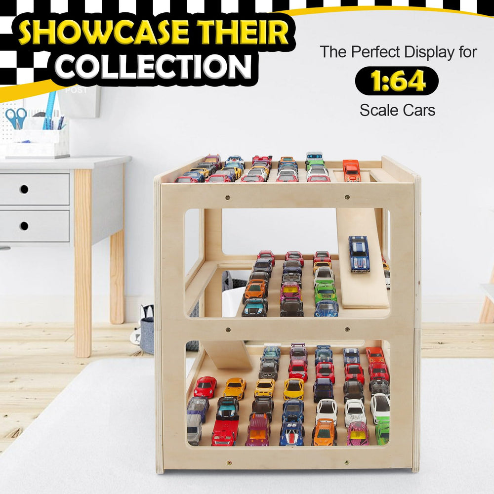 RZYLKA wooden car garage with ramp levels promotes imaginative play and easy car racing.