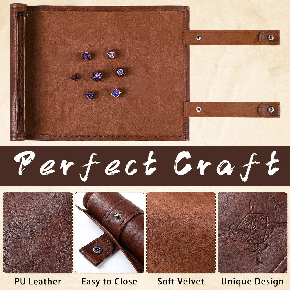 Sadnyy brown folding scroll dice mat tray compact travel case for games.