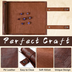 Sadnyy brown folding scroll dice mat tray compact travel case for games.