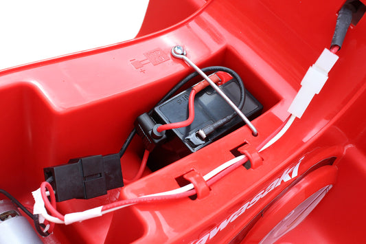 SafeAMP battery with 30A fuse and connectors, compatible with Power Wheels Toddler.