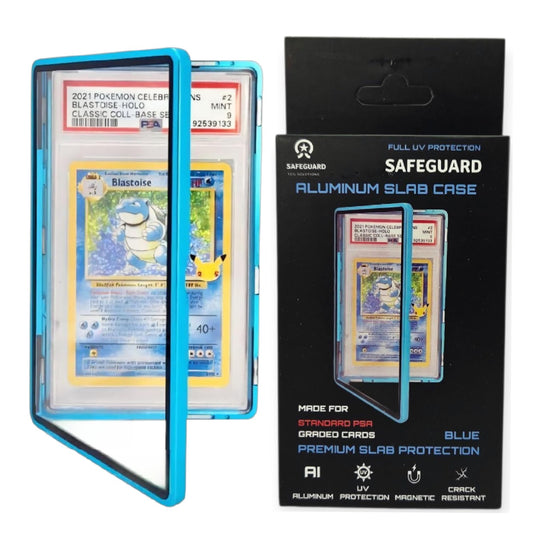 Safeguard blue case highlights PSA slabs with UV resistance for display