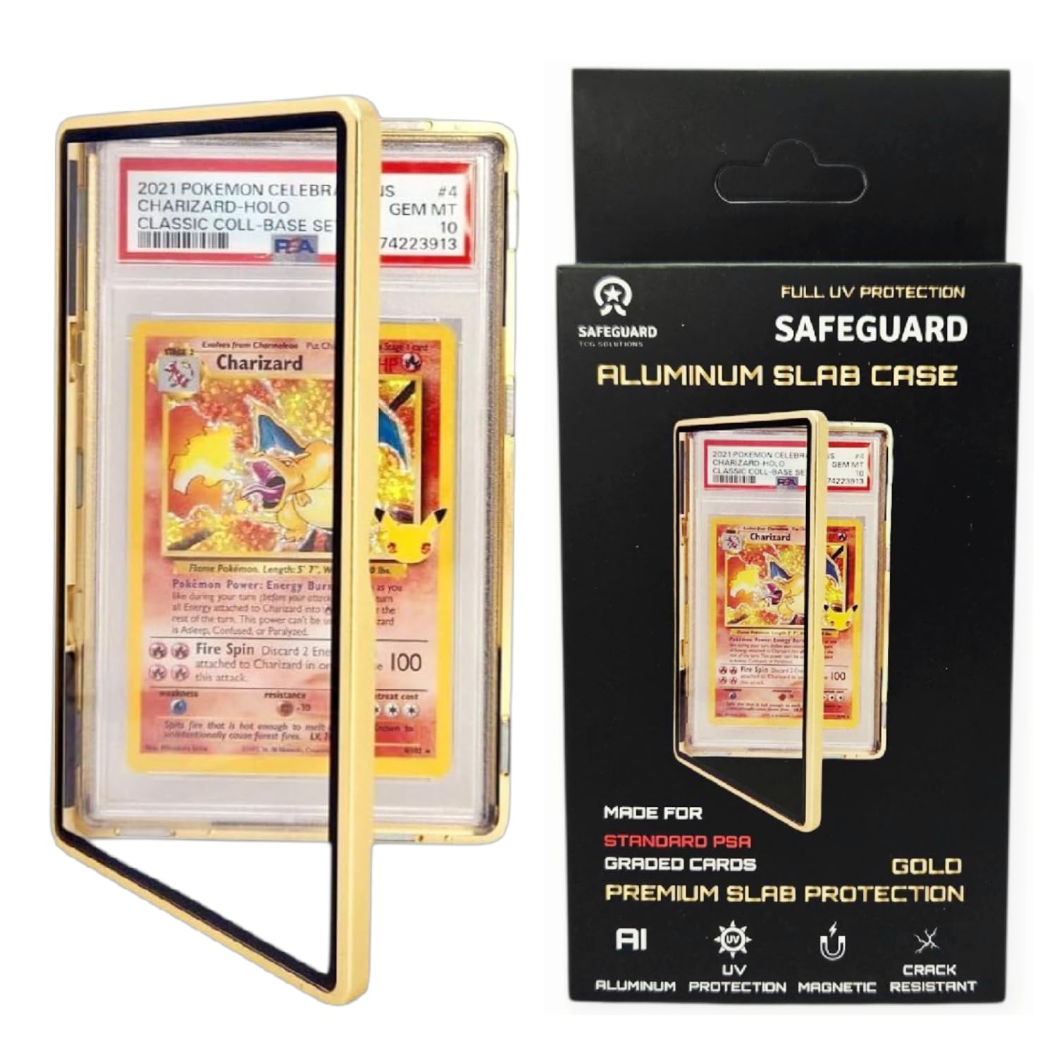 Safeguard TCG metal PSA slab bumper magnets visible, ensuring strong connection and organized storage.