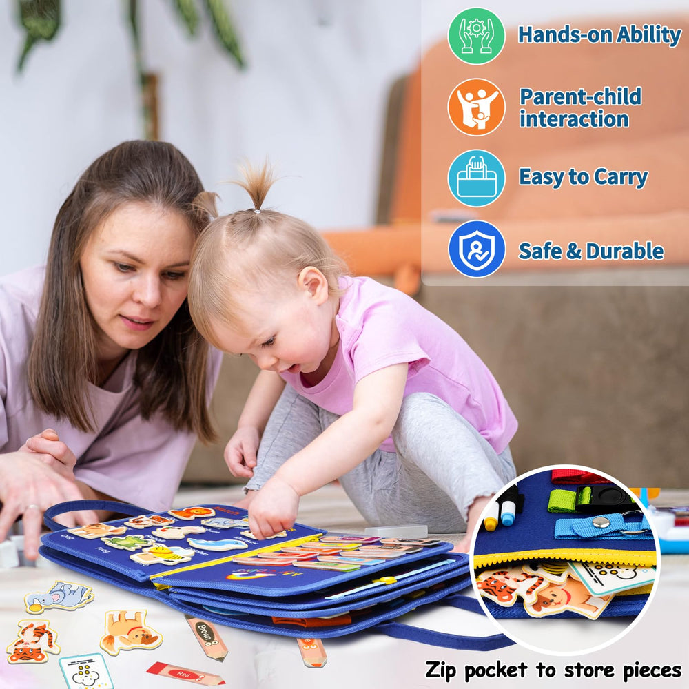 SaFeli Busy Board Fine motor practice strengthens coordination through laces and zips.