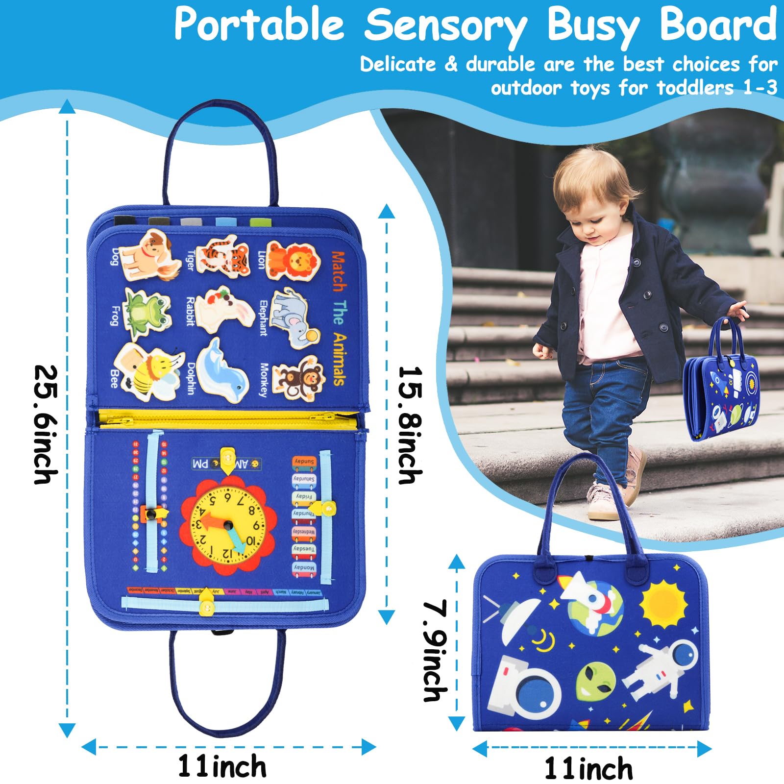 SaFeli Busy Board Travel compact design fits bags for car or plane.