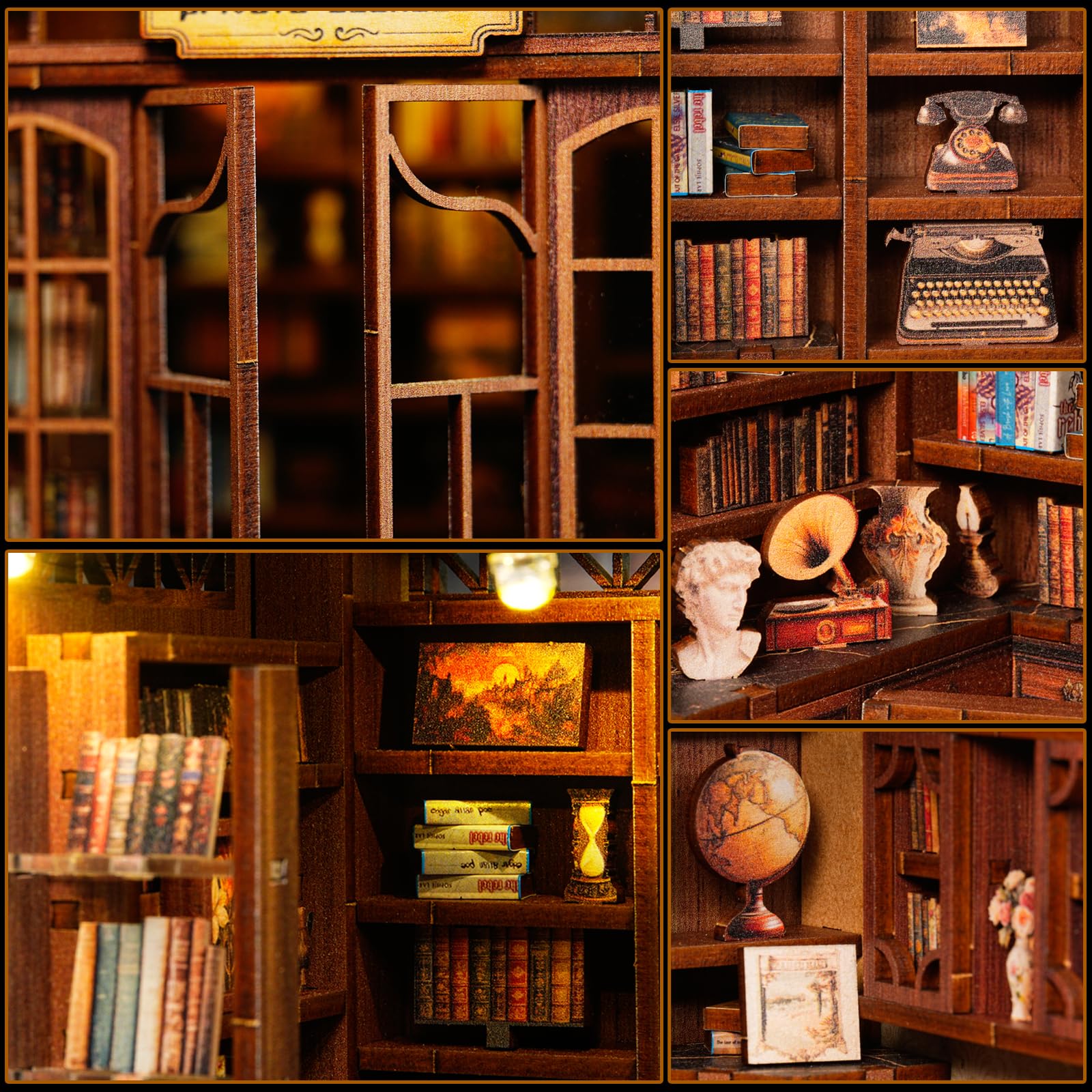Sagiterra Book Nook Kit: bookshelf decor example with tiny furniture and accents.