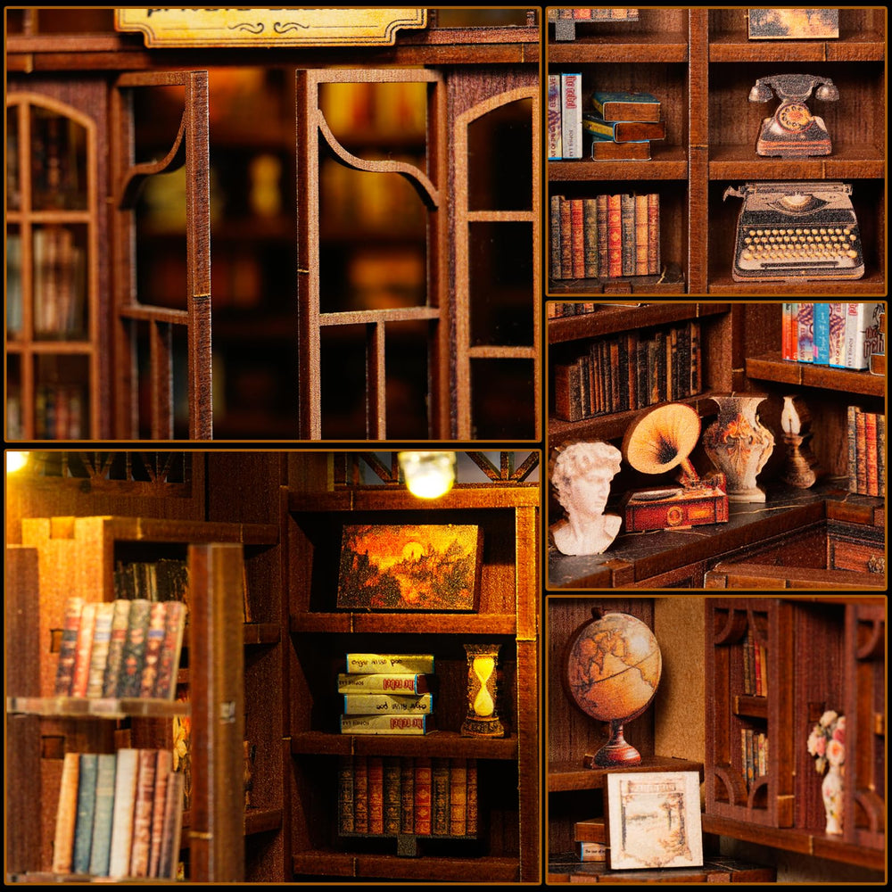 Sagiterra Book Nook Kit: bookshelf decor example with tiny furniture and accents.