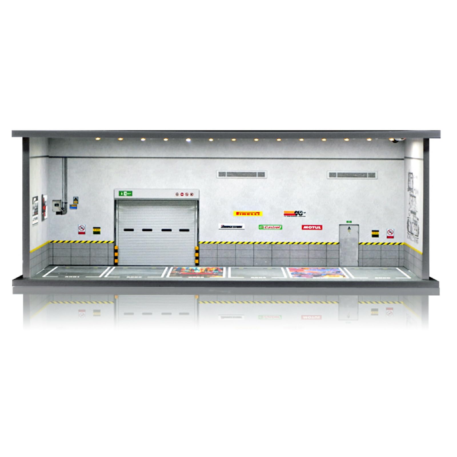 Saichotoy display case showing Hot Wheels on a stacked 1/64 scale garage display.