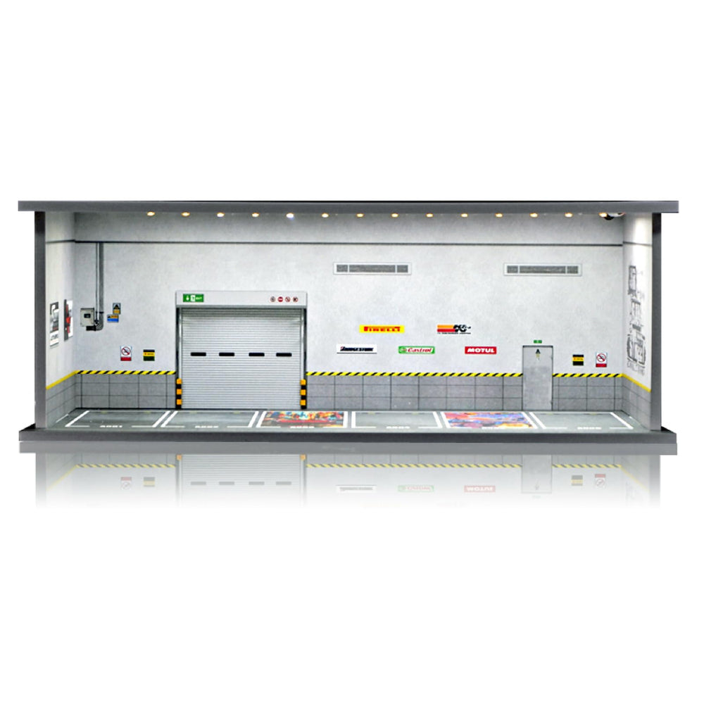 Saichotoy display case showing Hot Wheels on a stacked 1/64 scale garage display.