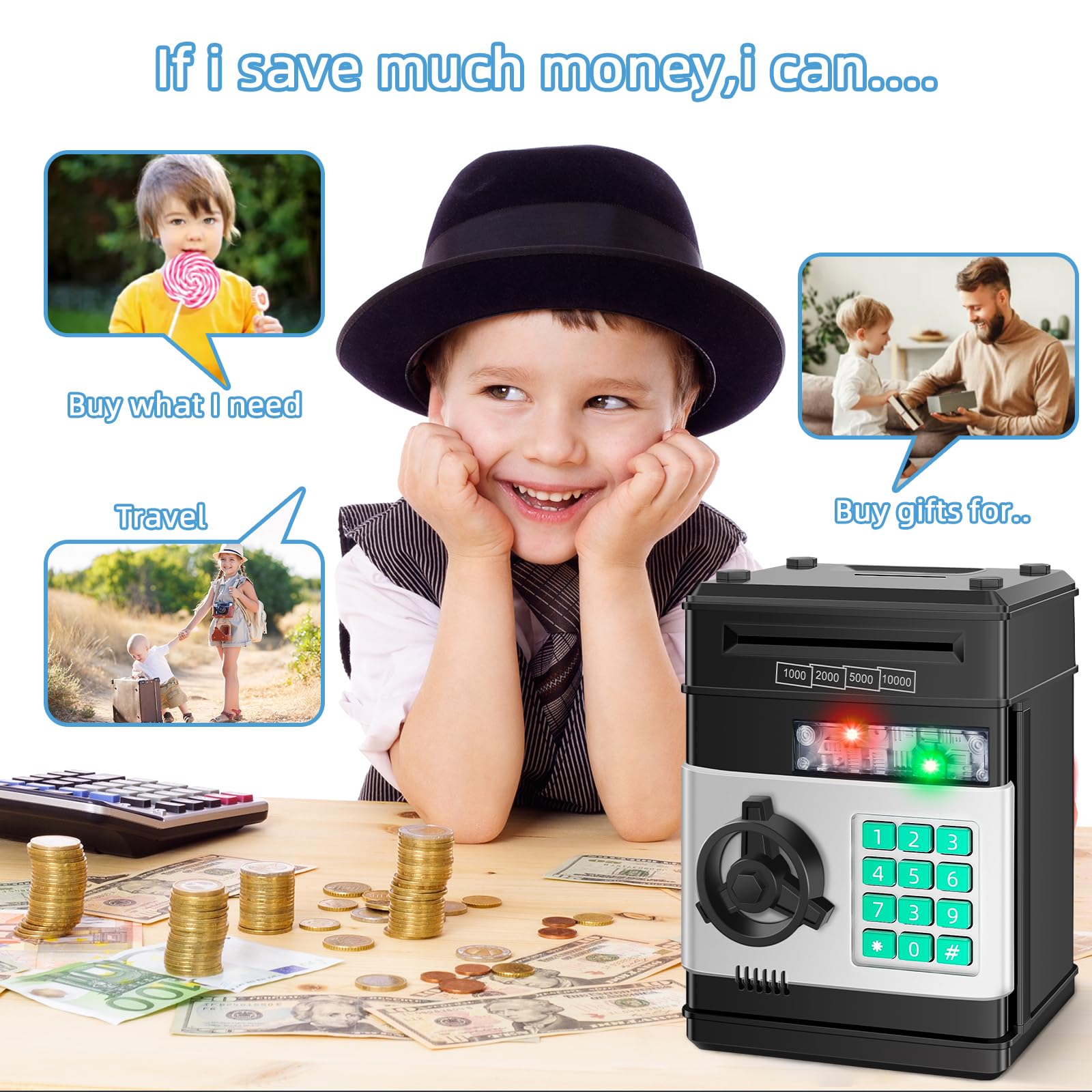 Saidrip piggy-bank password keypad close-up showing secure access for kids.