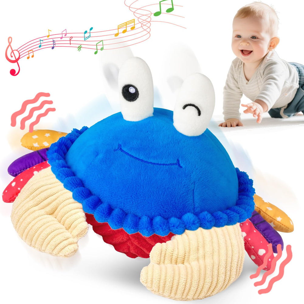 SAIMAND crawling crab plush in motion, inviting baby to chase and explore neck control.