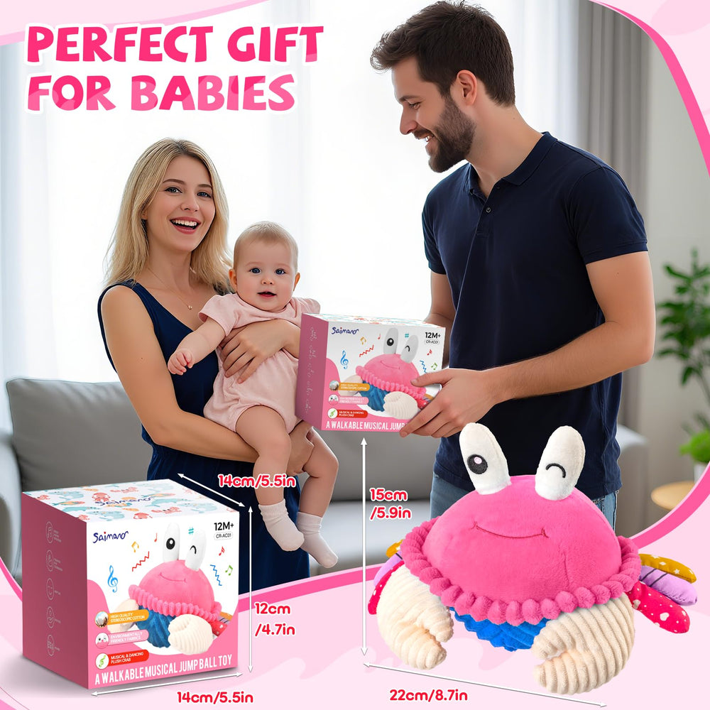 SAIMAND pink crab toy in gift-ready packaging, ideal for infants and toddlers.