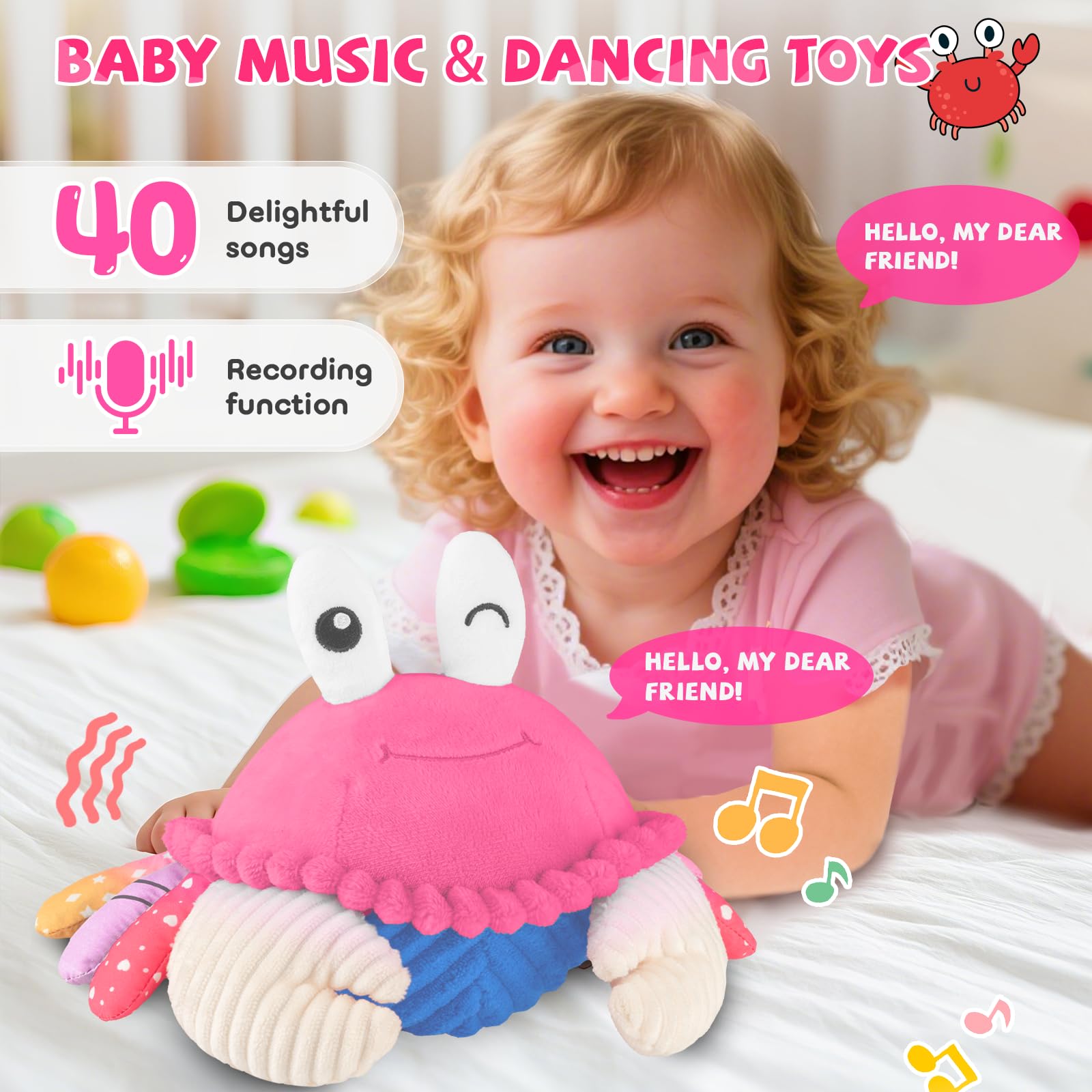SAIMAND pink crab toy with 40 songs supports early musical exploration.
