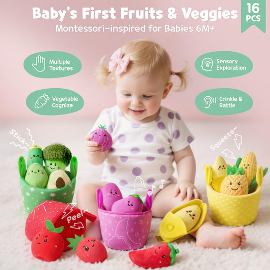 SAIMAND plush fruit pieces with crinkle and rattle textures for baby sensory exploration