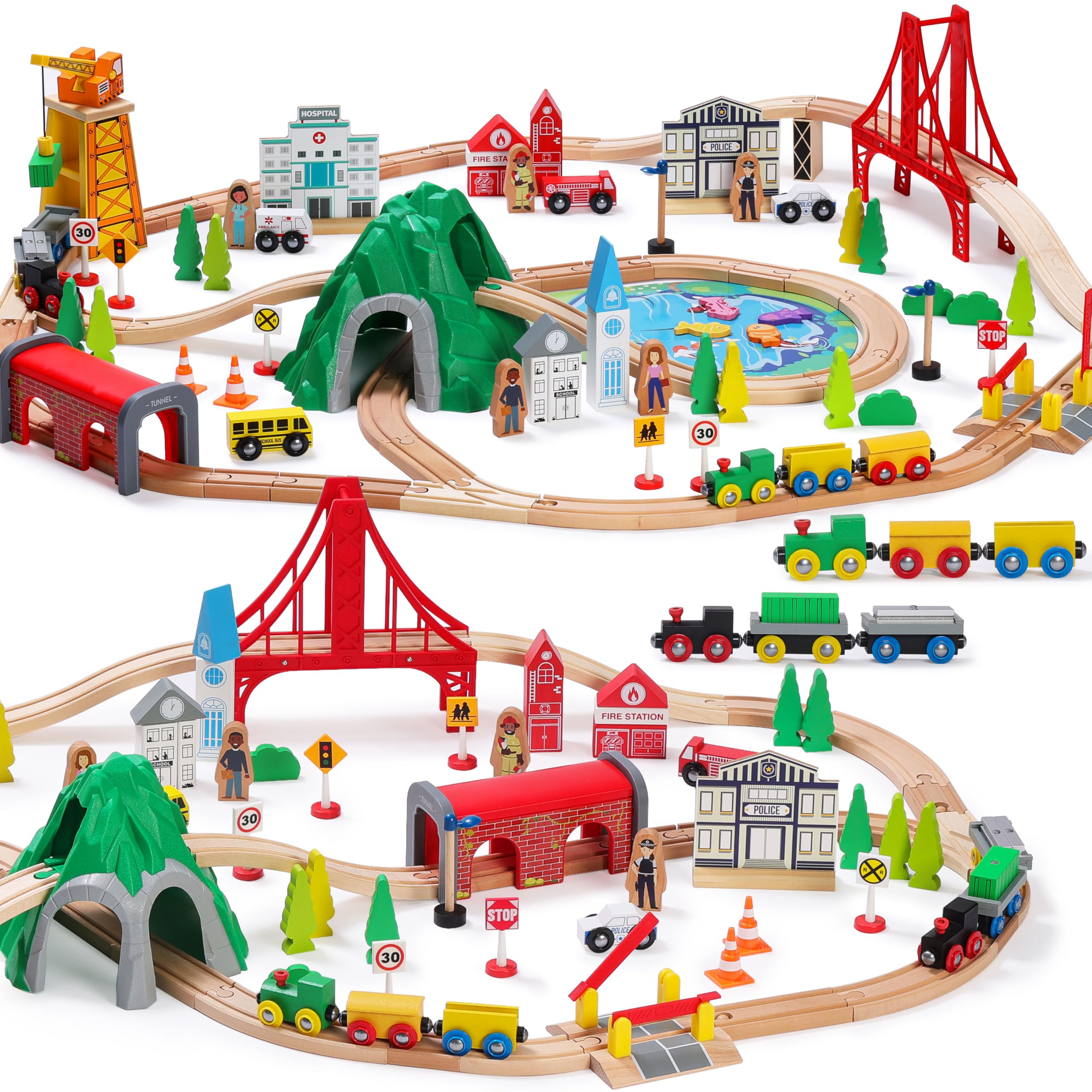 SainSmart Jr. 112-piece wooden train set on clean tracks for imaginative play.