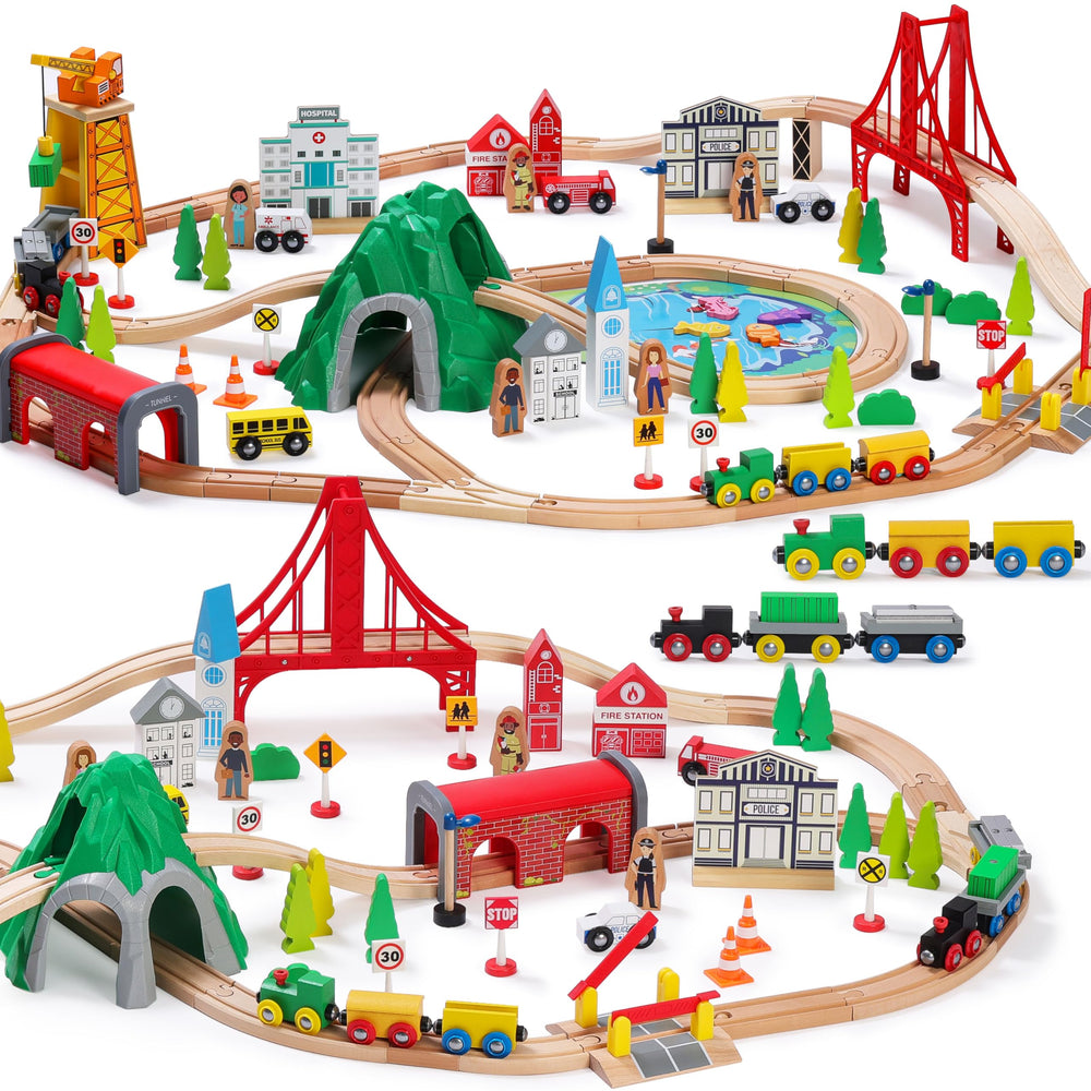 SainSmart Jr. 112-piece wooden train set on clean tracks for imaginative play.