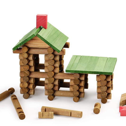 SainSmart Jr. wooden log cabin wall logs support building confidence and color recognition.