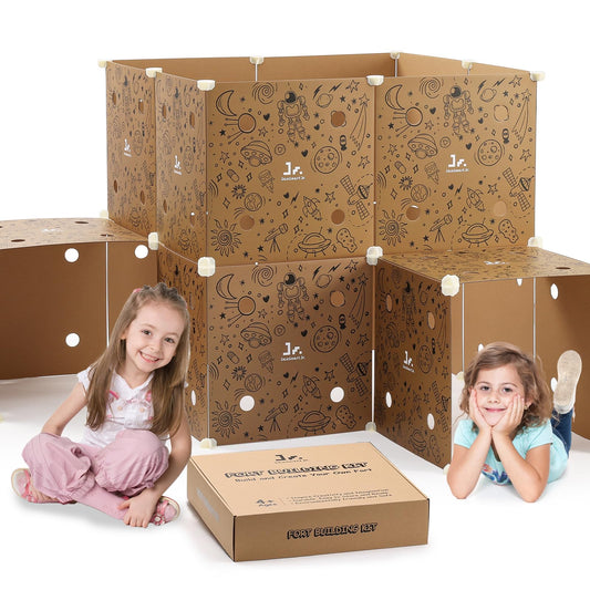 SainSmart Jr Fort Building Kit: kid inside a cozy indoor fort for imaginative play.