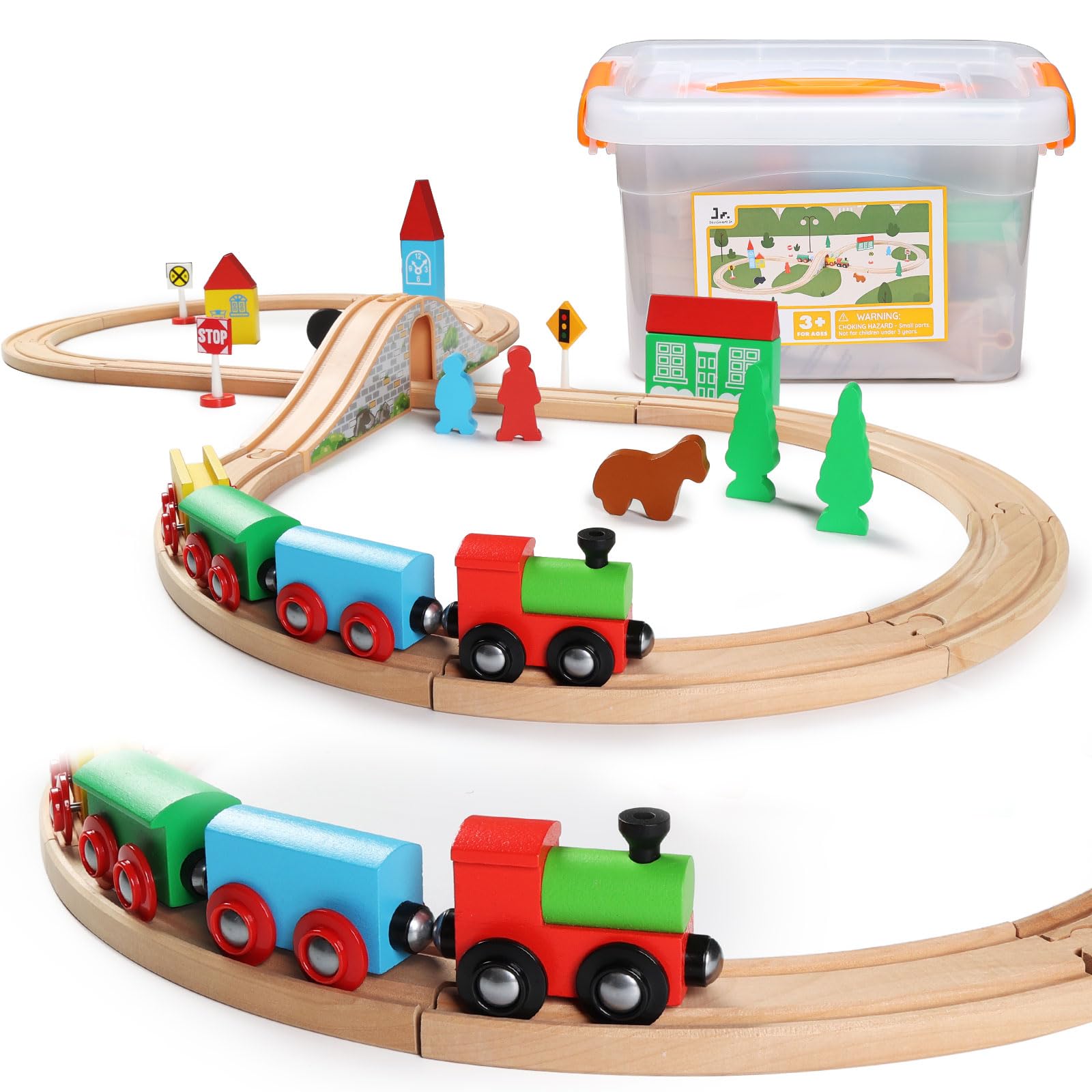 SainSmart Jr. train set side view showcases durable wood for safe toddler play