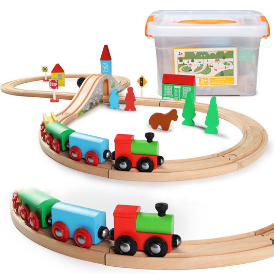 SainSmart Jr. train set side view showcases durable wood for safe toddler play