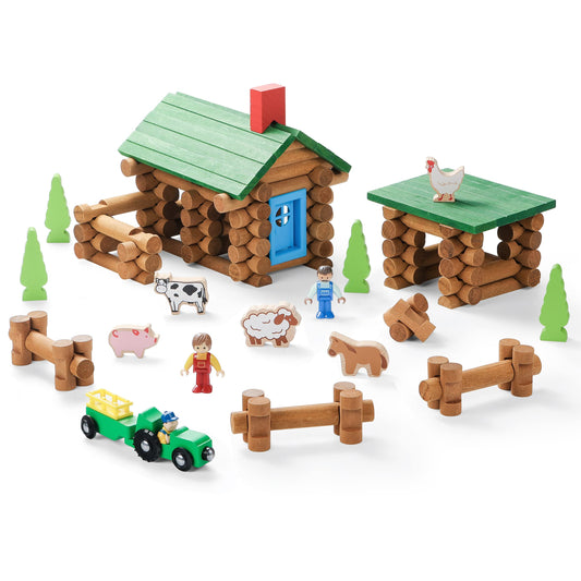 SainSmart Jr. wooden log cabin set with colorful logs for imaginative STEM play.