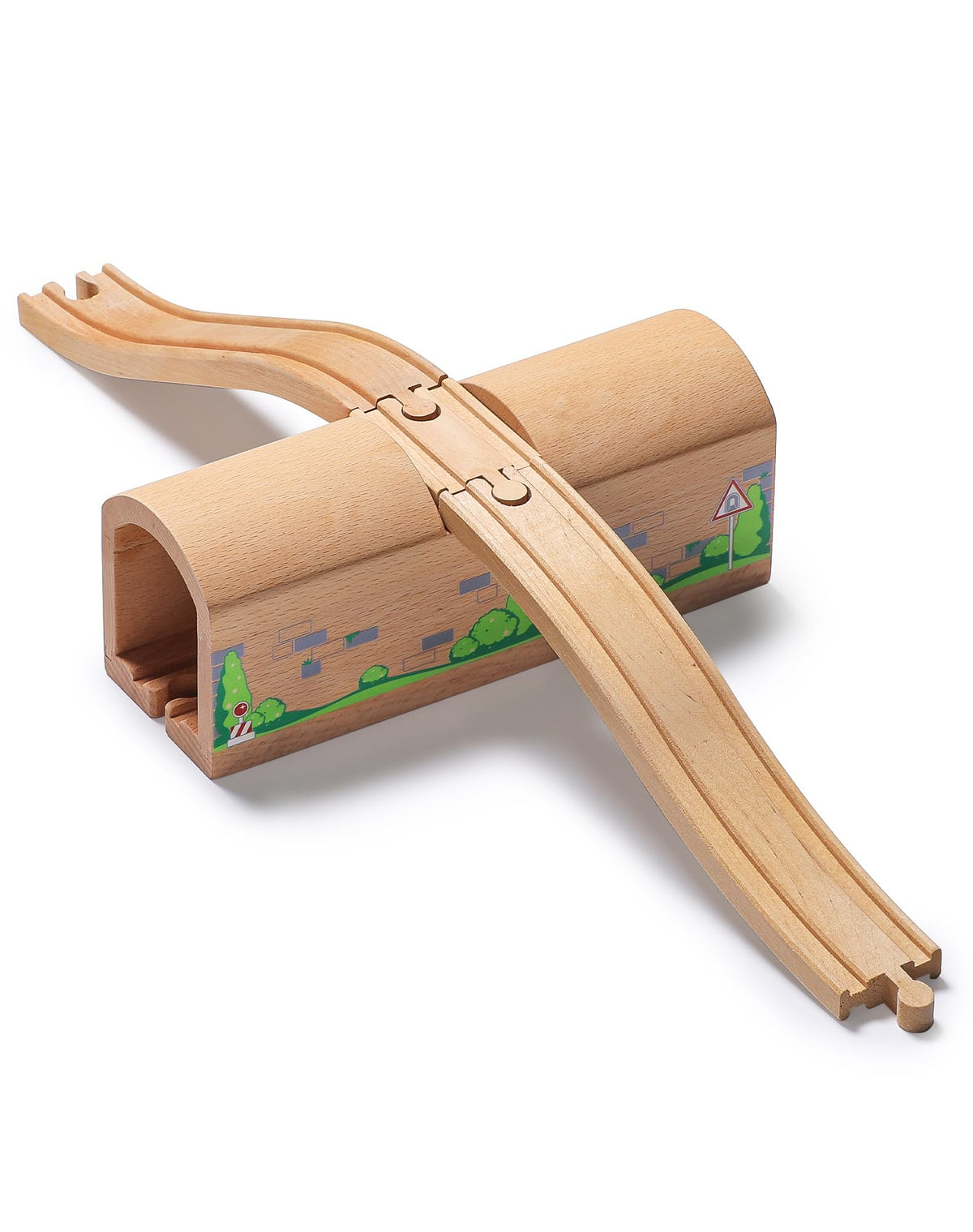 SainSmart Jr wooden train bridge-tunnel assembly enhances imaginative play with climbing and tunneling adventures.