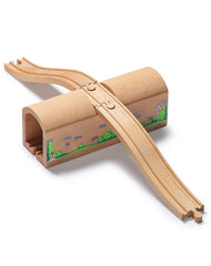 SainSmart Jr wooden train bridge-tunnel assembly enhances imaginative play with climbing and tunneling adventures.