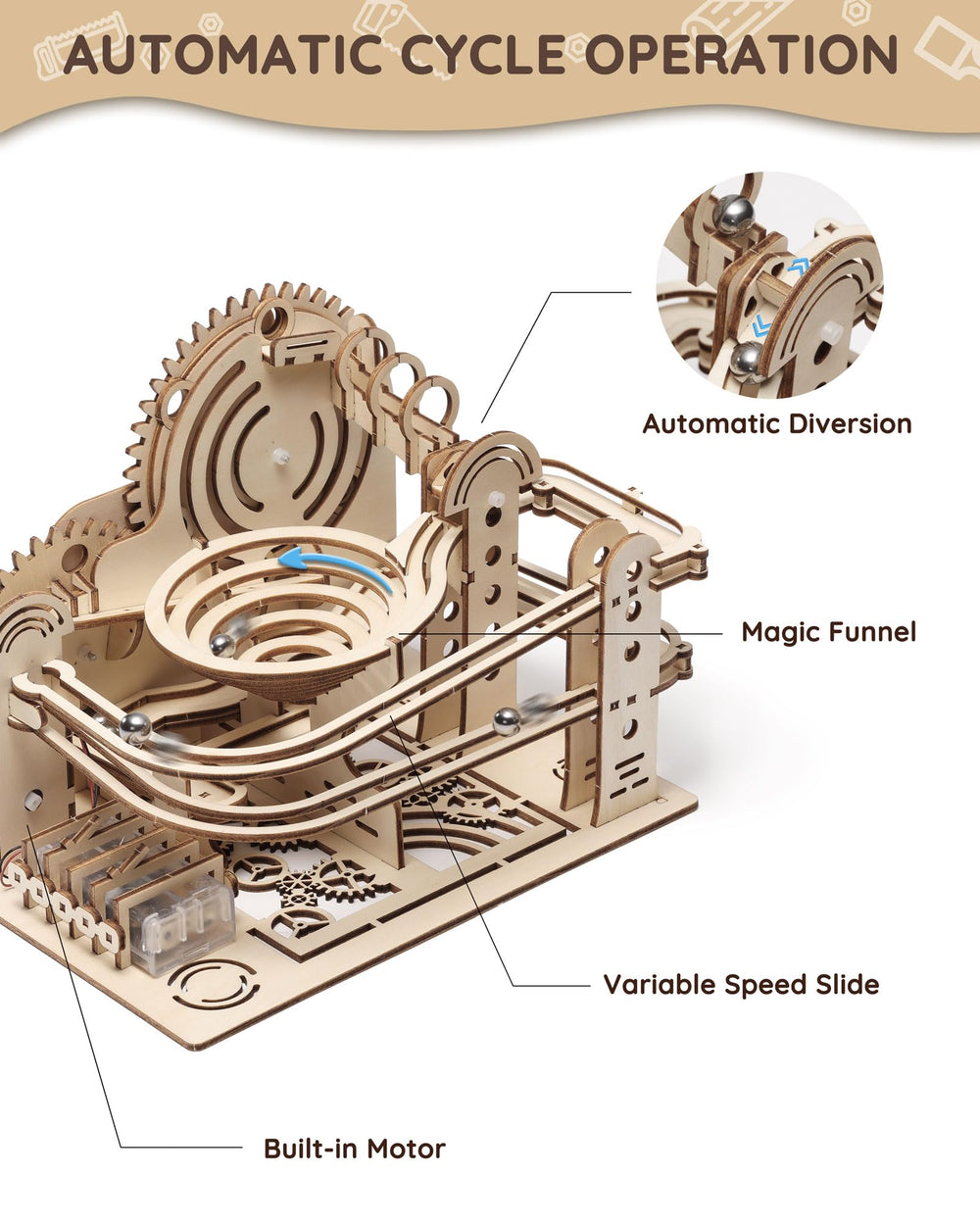SainSmart Jr gear-driven mechanism powering marbles through multiple channels.