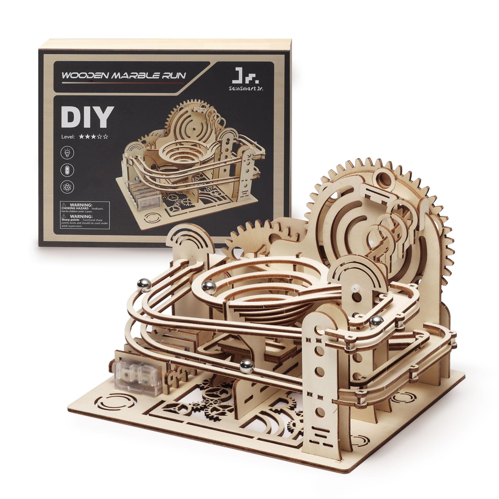 SainSmart Jr marble run top view with gears propelling marbles for dynamic play.
