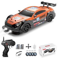 Sakeye RC drift car front view with LED headlights for indoor racing.