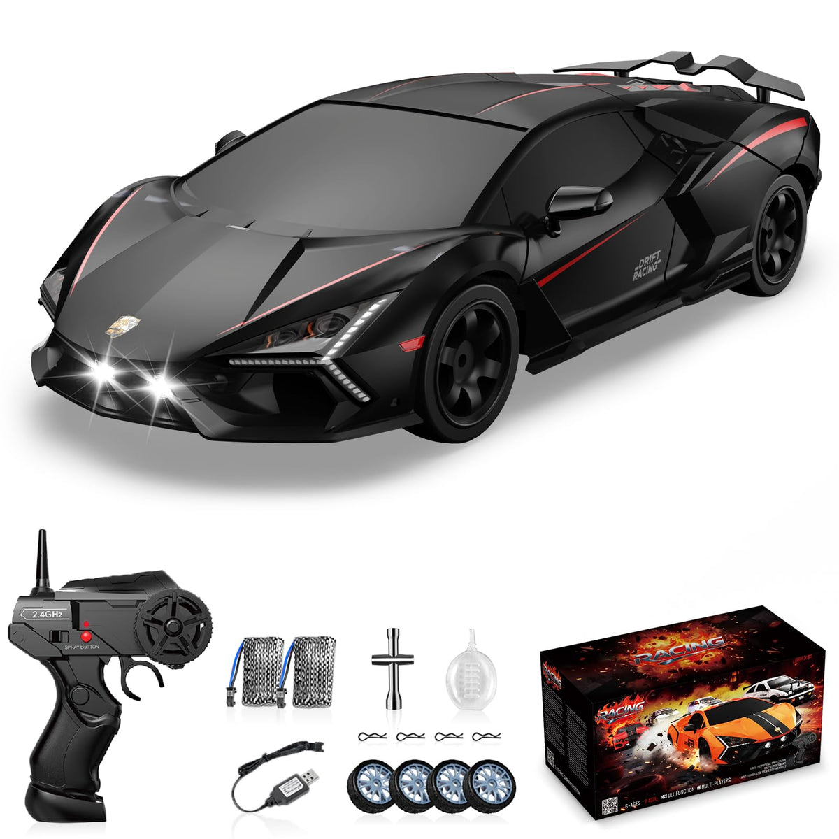 Sakeye RC Drift Car front view showcasing 4WD build and sleek black shell for action
