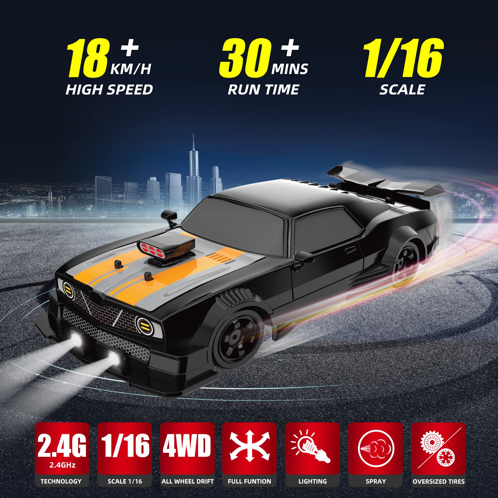 Sakeye RC Drift Car side view showing drift tires for sharp turns